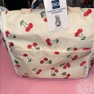 Hanging Toiletry Organizer-The Big One Beige Cherry Print. Zips & Hanger Hook